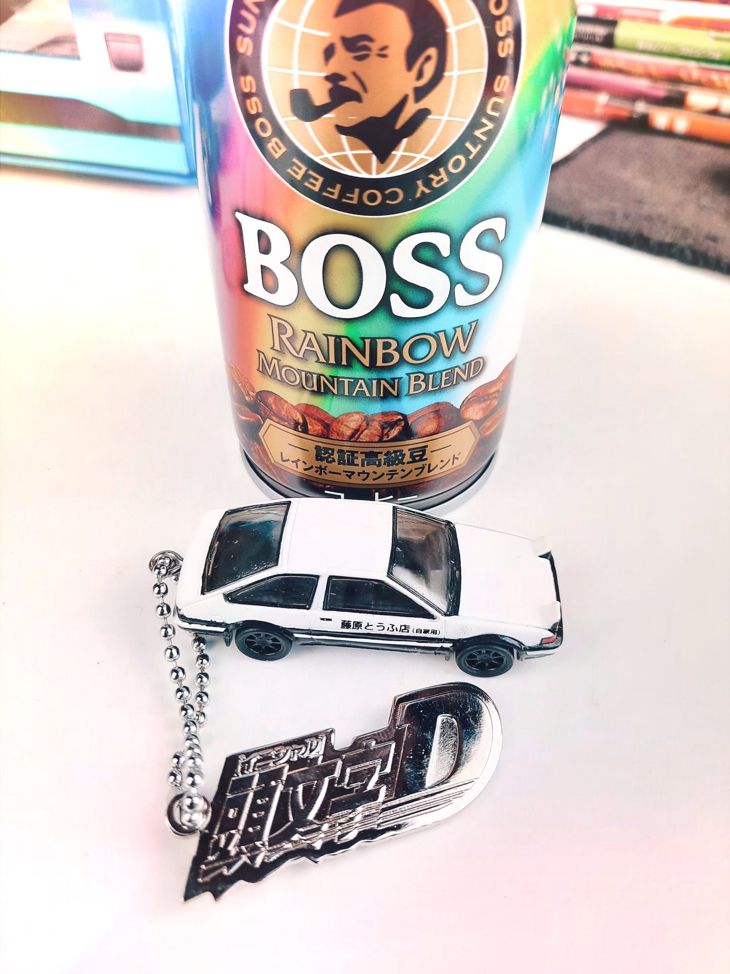 INITIAL D Takumi's AE86 keychain - photo with Boss Coffee can for size comparison- JDM Import
