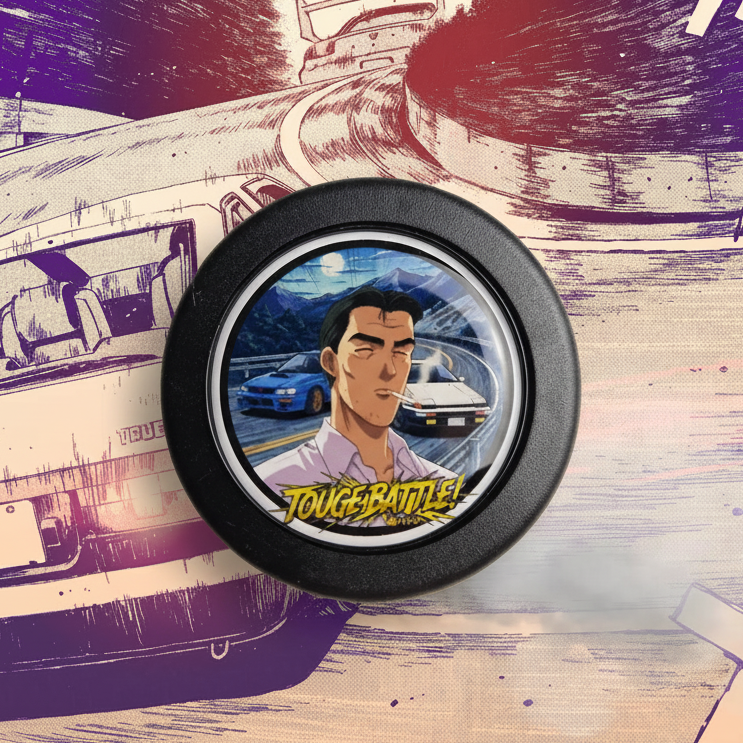 Touge Battle! Initial D horn button portraying Bunta and the Subaru Impreza VS the Toyota AE86