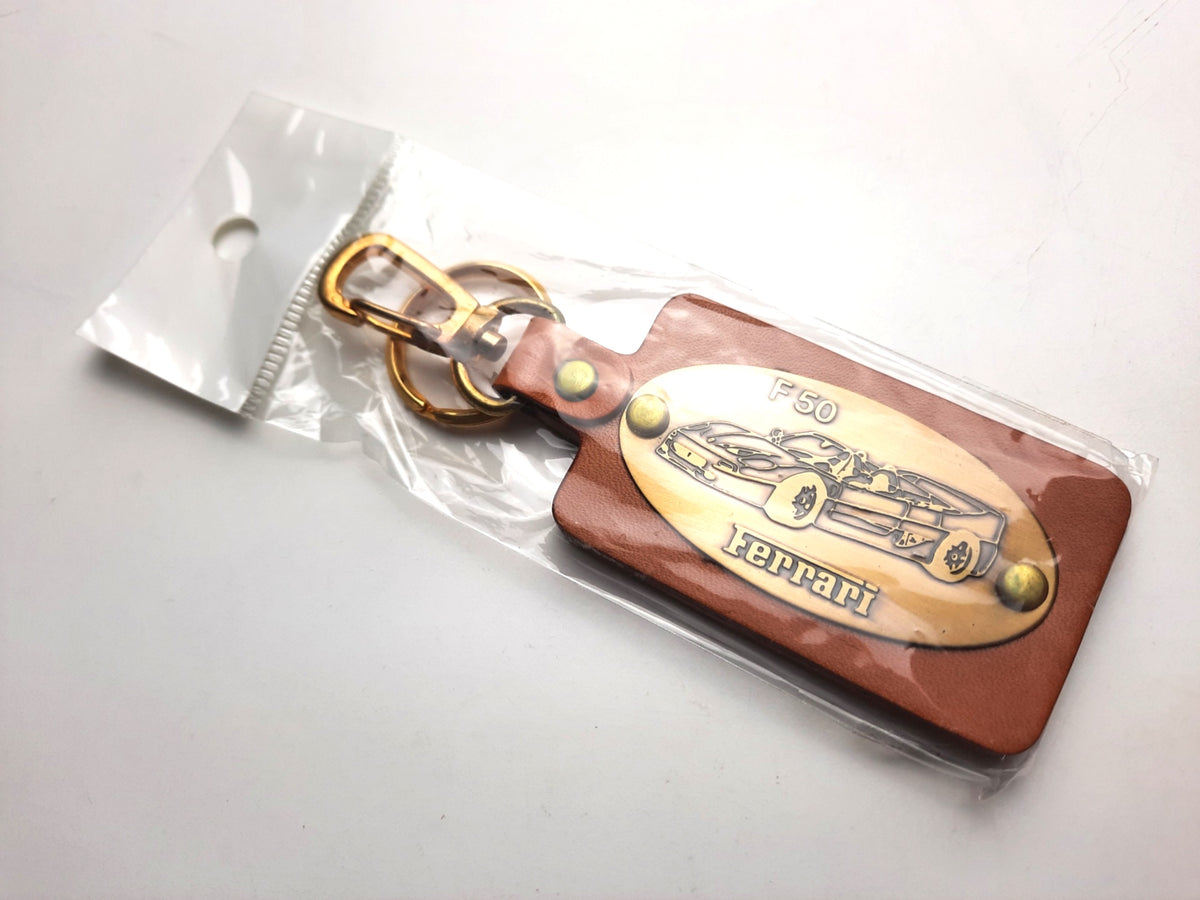 FERRARI F50 KEYCHAIN - Ferrar F50 metal plaque with Ferrari F50 drawings on eco-leather keychain
