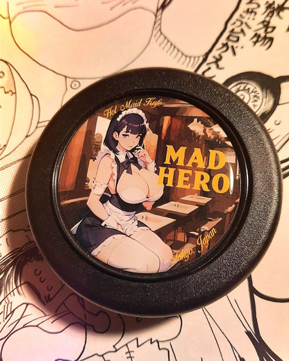 Hot maid kafe Mad Hero horn button portraying a japanese hot maid in a kissa